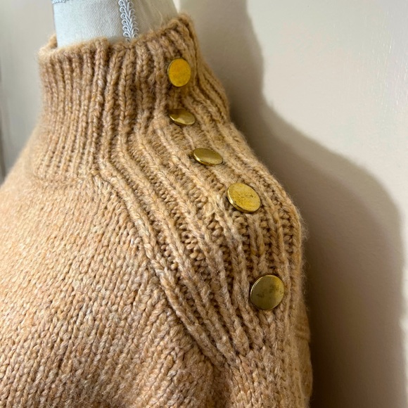 NWT Topshop tan amber funnel mock neck button shoulder fuzzy chunky sweater XS - Picture 7 of 15